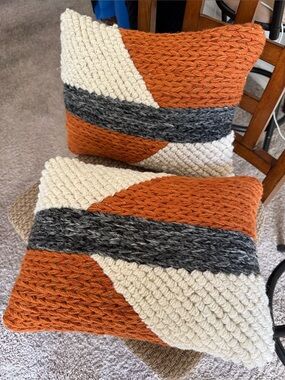 Pair Of Chunky Knit Lumbar Pillows Wool Polyester W Inserts Orange Gray Stripe